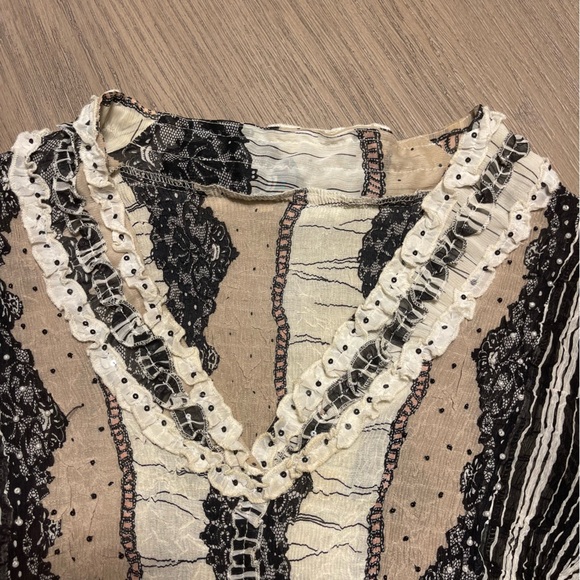 Alberto Makali Vintage 1990's Black & Tan Ruffle Lace Beaded Cottagecore Prarie - Picture 3 of 16